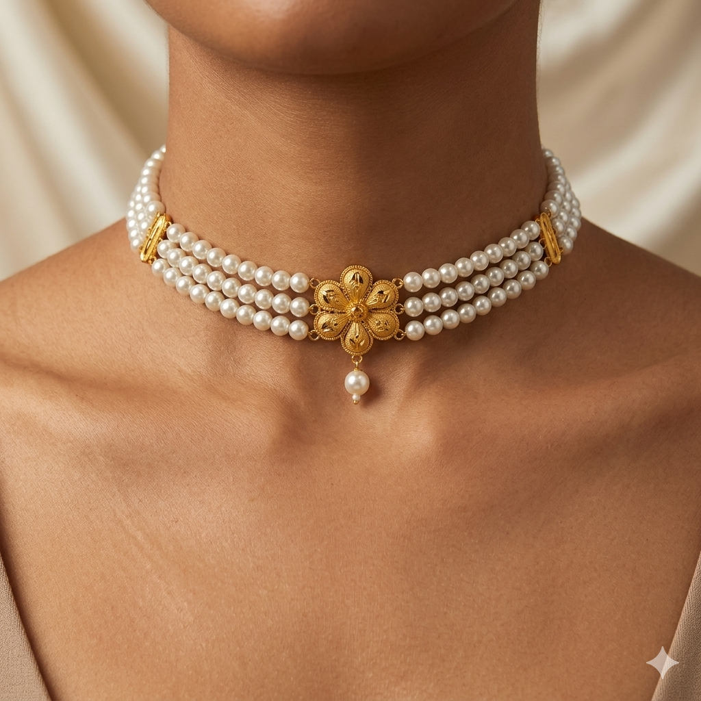 GOLD MOTI HAR- (WGT: 0.870 GM APPROX) BIS CERTIFIED HUID HALLMARK 916 22KT GOLD MOTI CHOKER 1 PIECE WITH FREE ADJUSTABLE TASSEL.