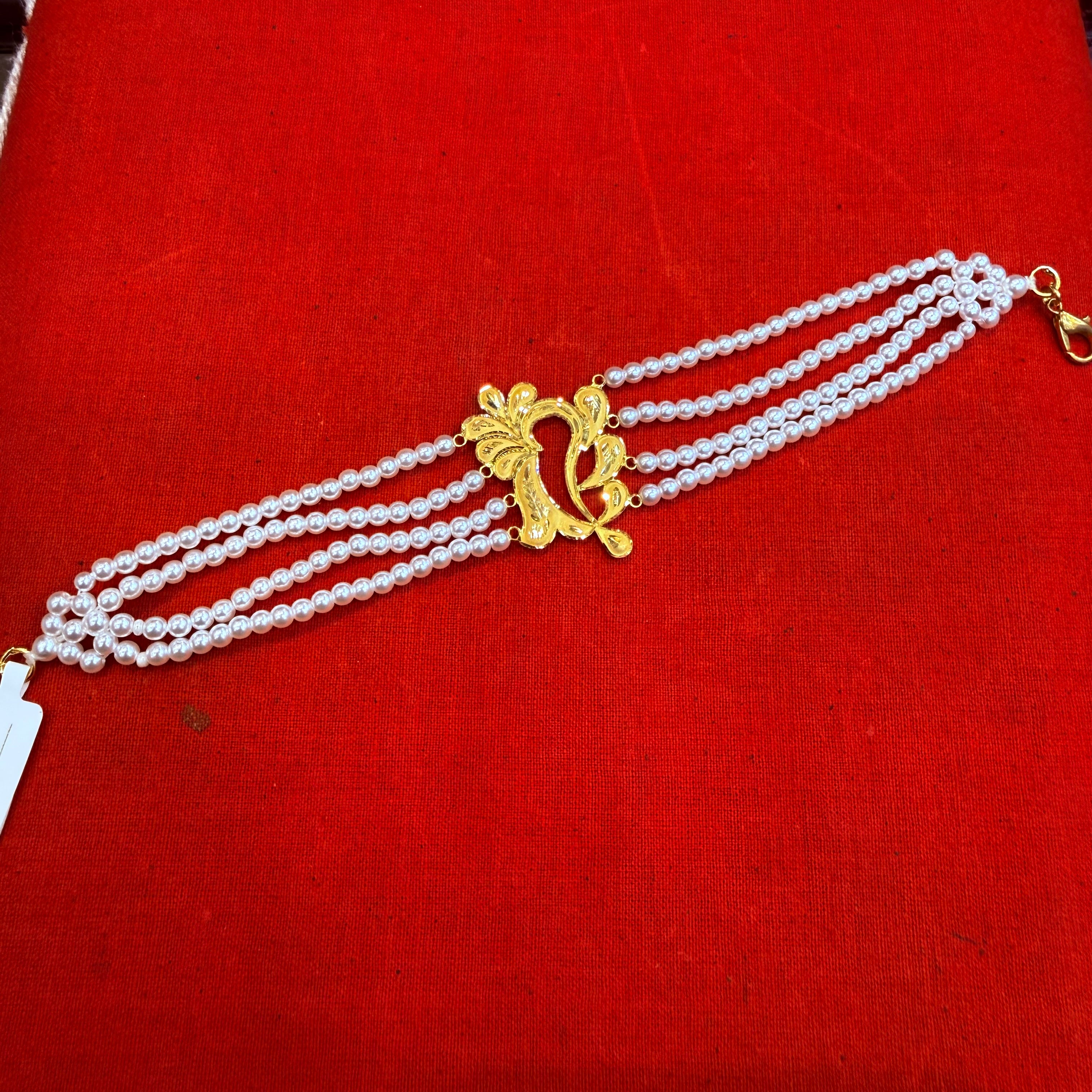 GOLD MANTASHA- (WGT: 1.110 GM APPROX) BIS CERTIFIED HUID HALLMARK 916 22KT GOLD MOTI MANTASHA WITH PEARL CHAIN FOR WOMEN.