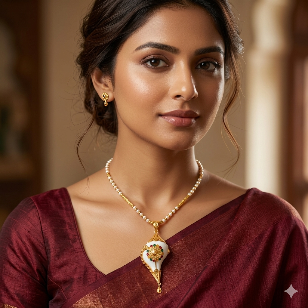 GOLD PENDANT- WGT: 2.400 GM APPROX BIS CERTIFIED HUID HALLMARK 916 22KT GOLD SANKHA PENDANT 1 PIECE WITH TASSEL FOR WOMEN.