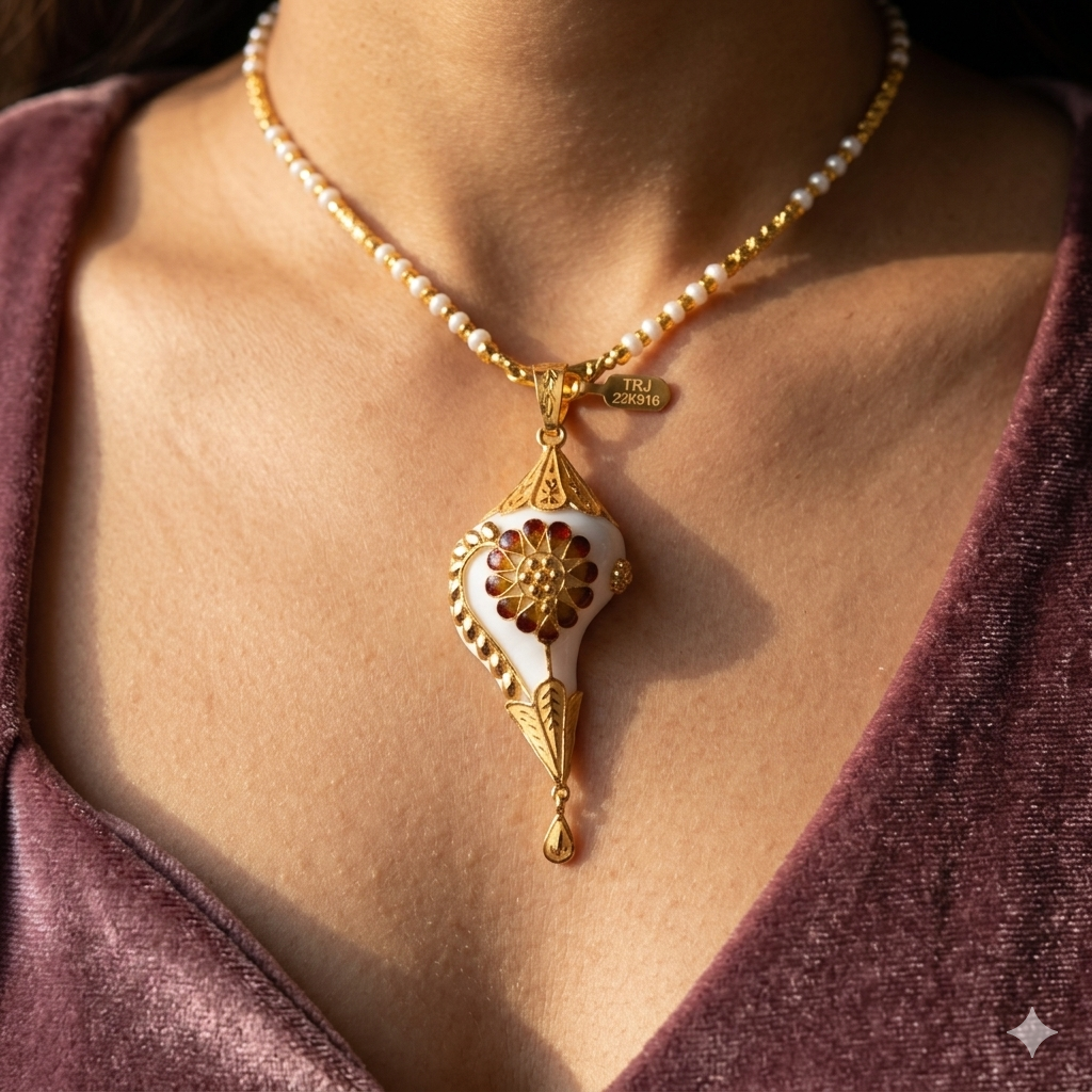 GOLD PENDANT- WGT: 2.080 GM APPROX BIS CERTIFIED HUID HALLMARK 916 22KT GOLD SANKHA PENDANT 1 PIECE WITH TASSEL FOR WOMEN.