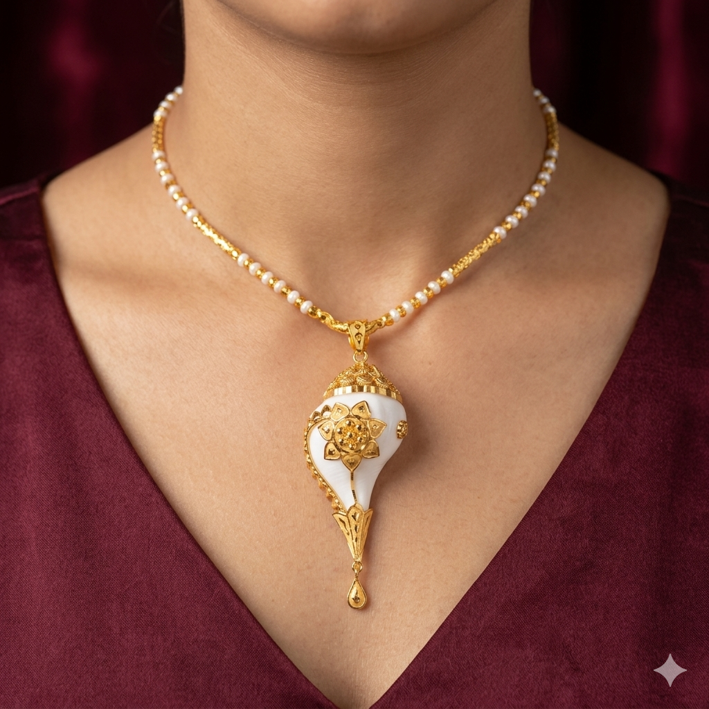 GOLD PENDANT- WGT: 2.130 GM APPROX BIS CERTIFIED HUID HALLMARK 916 22KT GOLD SANKHA PENDANT 1 PIECE WITH TASSEL FOR WOMEN.