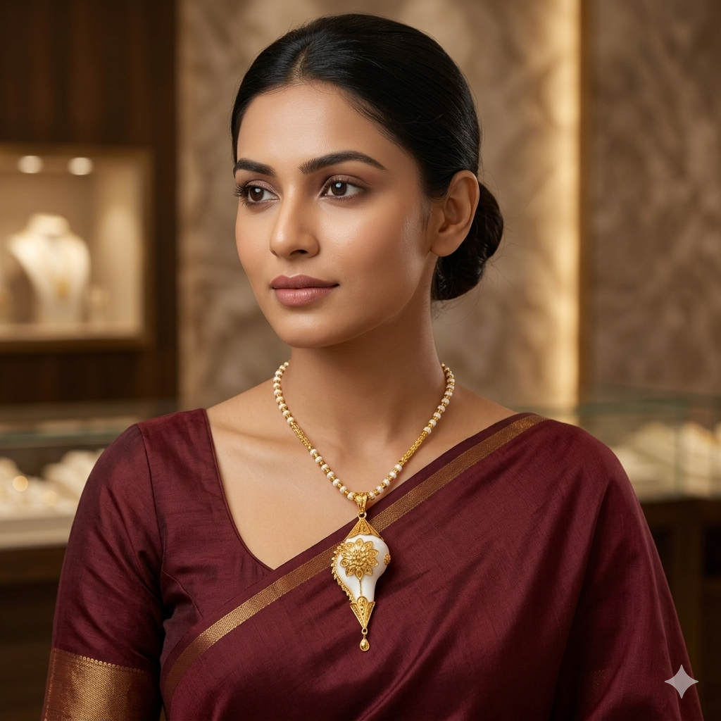 GOLD PENDANT- WGT: 1.980 GM APPROX BIS CERTIFIED HUID HALLMARK 916 22KT GOLD SANKHA PENDANT 1 PIECE WITH TASSEL FOR WOMEN.
