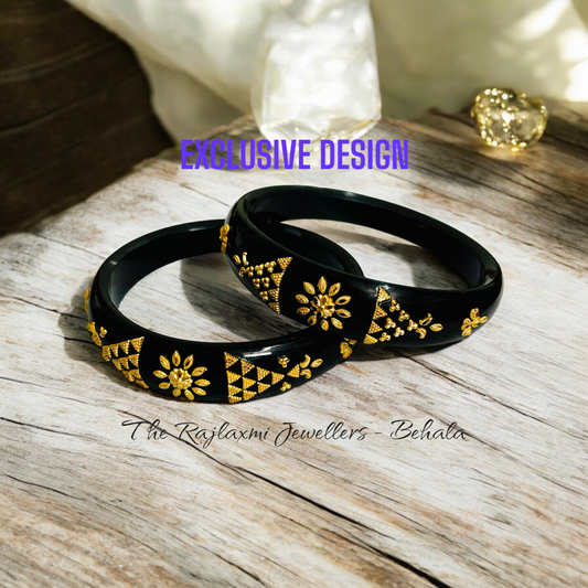 TRJ (MTO) LASER PASTING DESIGN MATTE BLACK COLOUR KDM GOLD BRACELET POLA 2 PIECE FOR WOMEN (REGULAR USE) APPROX WGT: 0.800 GM SOLD ON MRP BY RAJLAXMI.