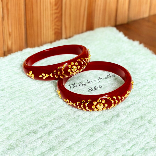 TRJ (MTO) LASER PASTING DESIGN MAGNETIC RED COLOUR KDM GOLD BRACELET POLA 2 PIECE FOR WOMEN (REGULAR USE) APPROX WGT: 0.800 GM SOLD ON MRP BY RAJLAXMI.