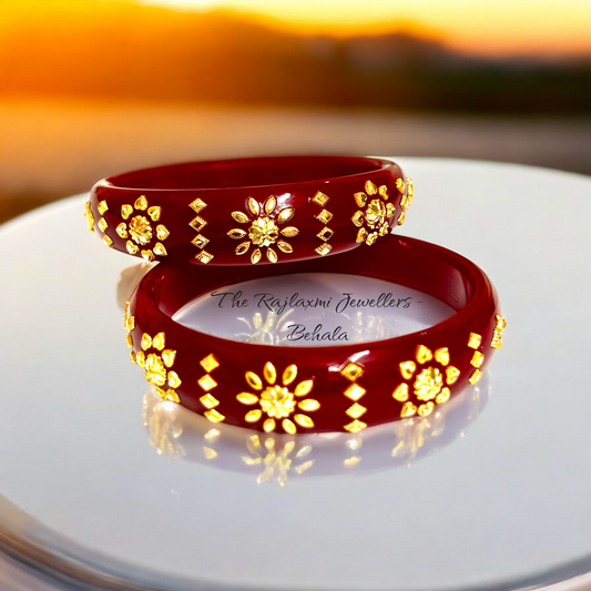 TRJ (MTO) LASER PASTING DESIGN MAGNETIC RED COLOUR KDM GOLD BRACELET POLA 2 PIECE FOR WOMEN (REGULAR USE) APPROX WGT: 0.800 GM SOLD ON MRP BY RAJLAXMI.