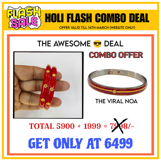 TRJ (HOLI FLASH COMBO DEAL) 1 PAIR RED JANGO SWASTIK KDM GOLD POLA WGT: 0.400 GM APPROX & NON EXCHANGEABLE HUID HALLMARK VIRAL RED NOA 1 PIECE.(SOLD ON MRP).