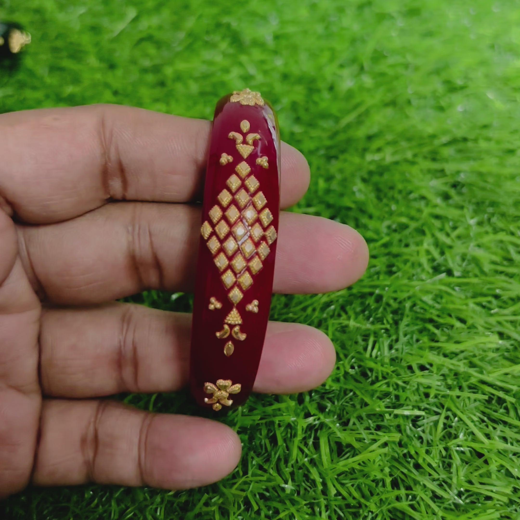 Load video: (GBP50) RAJLAXMI (MTO) MORPHY DESIGN RED COLOUR (50 TONCH) KDM GOLD BRACELET POLA 1 PIECE FOR MARRIED WOMEN (REGULAR USE) APPROX WGT: 0.400 GM SOLD ON MRP BY MAHALAXMI.
