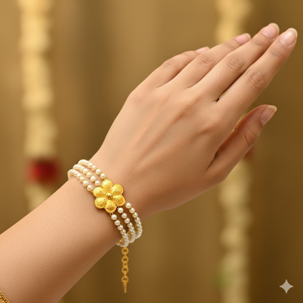 (GMW) RAJLAXMI WGT: 1.170 GM APPROX HUID HALLMARK 916 22KT GOLD MANTASHA WITH PEARL CHAIN FOR WOMEN.