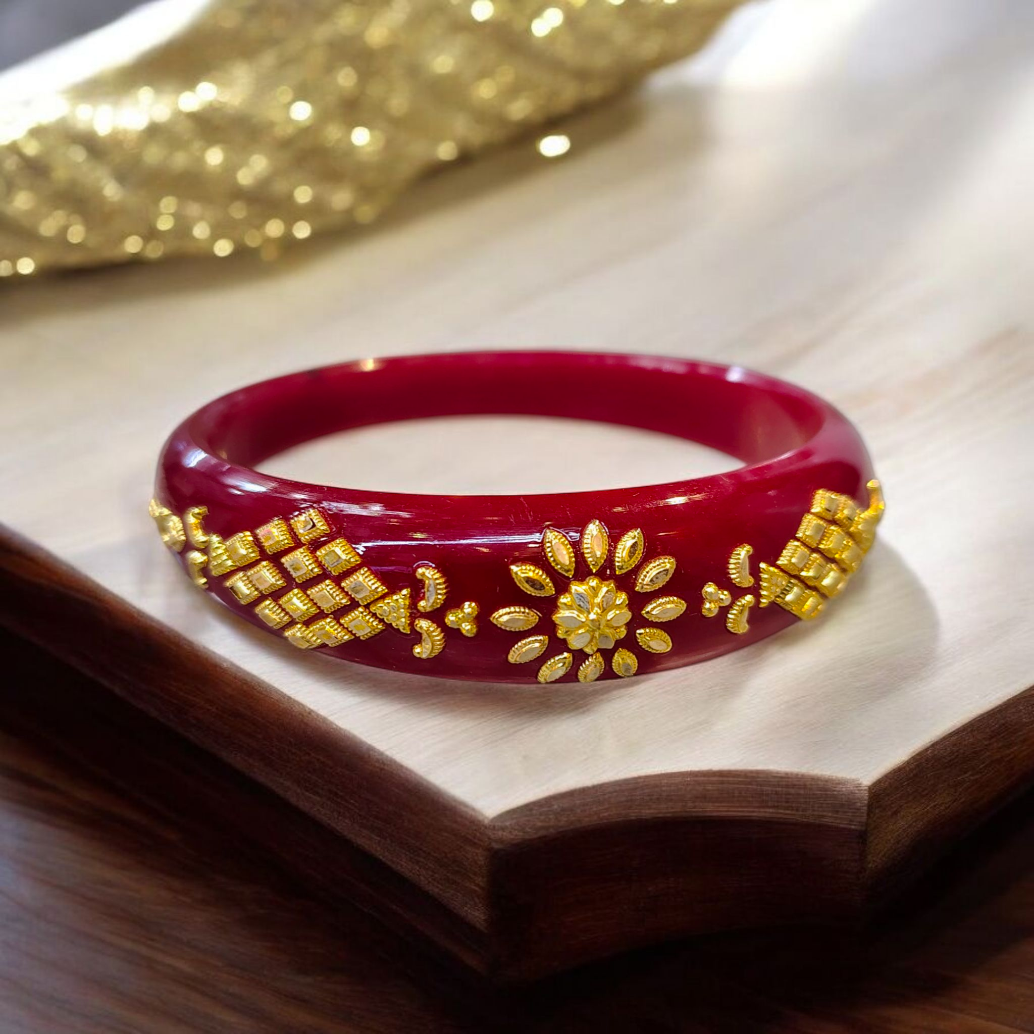 (GBP50) RAJLAXMI (MTO) REKKI DESIGN RED COLOUR (50 TONCH) KDM GOLD BRACELET POLA 1 PIECE FOR MARRIED WOMEN (REGULAR USE) APPROX WGT: 0.400 GM SOLD ON MRP BY MAHALAXMI.