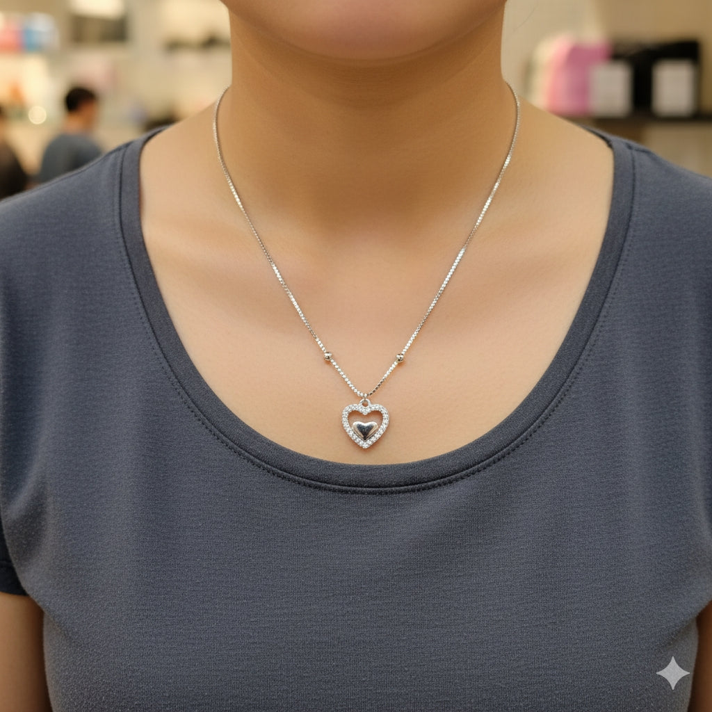 (JIVA COLLECTION) CERTIFIED BIS HALLMARK 925 STERLING SILVER CHAIN 18 INCH WITH STUDDED HEART PENDANT - BANKOK IMPORTED (SOLD ON MRP)