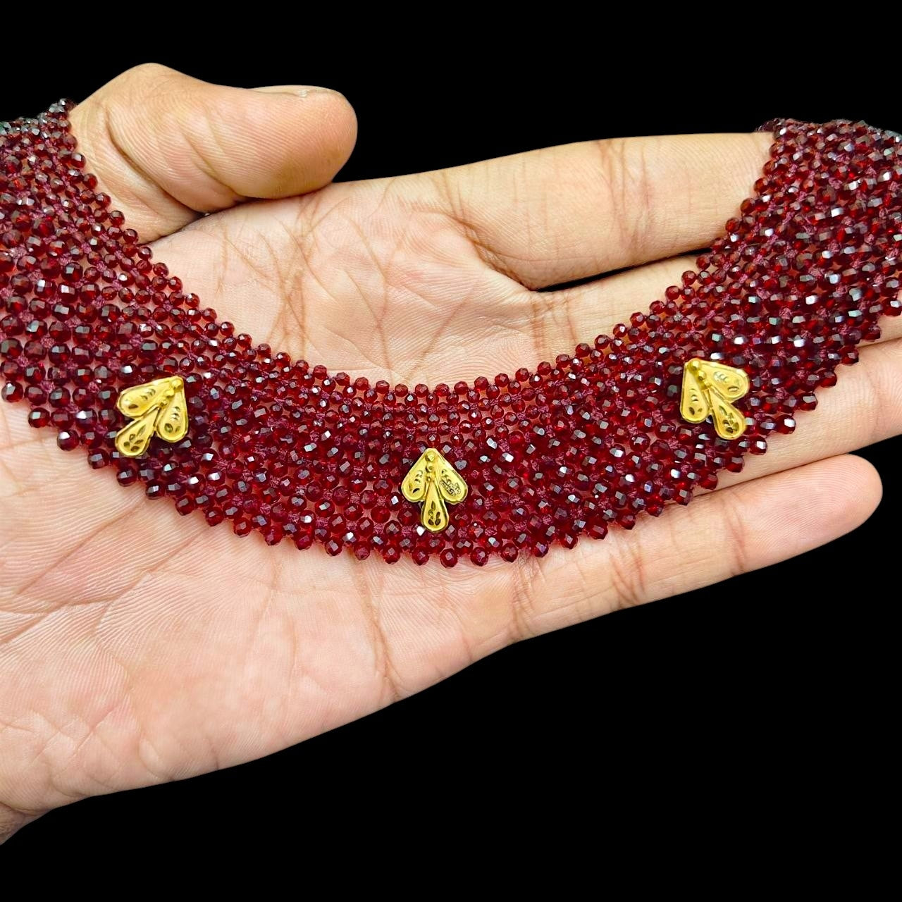 GOLD MOTI HAR- (WGT: 0.630 GM APPROX) HUID HALLMARK 375 9KT GOLD CRYSTAL CHATAI NECKLACE 1 PIECE WITH ADJUSTABLE TASSE.
