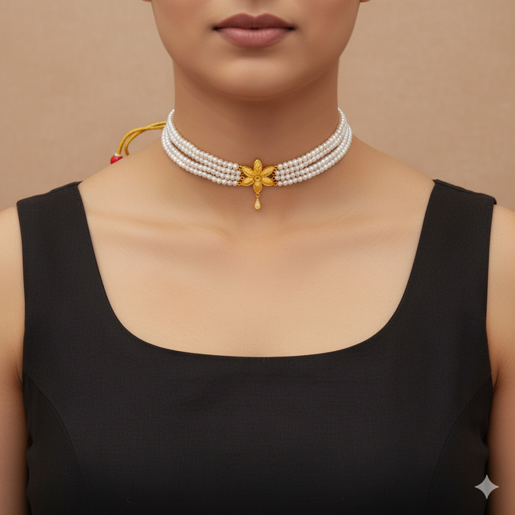 (GMC) CERTIFIED BIS HUID HALLMARK 916 22KT GOLD MOTI CHOKER 1 PIECE (WGT: 0.860 GM) WITH ADJUSTABLE TASSEL FOR GIFT IN MARRIAGE.