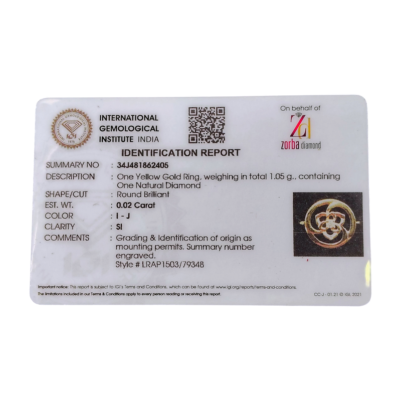RAJLAXMI DIAMOND JEWELLERY (SIZE:11) - WGT: 1.050 GM - NATURAL DIAMOND (0.02 CENT) HUID HALLMARK 18KT DIAMOND FINGER RING FOR WOMEN WITH CERTIFICATE OF AUTHENTICITY BY ZOBRA (DESIGN NO: LRAP1503).