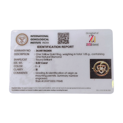 RAJLAXMI DIAMOND JEWELLERY (SIZE:11) - WGT: 1.050 GM - NATURAL DIAMOND (0.02 CENT) HUID HALLMARK 18KT DIAMOND FINGER RING FOR WOMEN WITH CERTIFICATE OF AUTHENTICITY BY ZOBRA (DESIGN NO: LRAP1503).