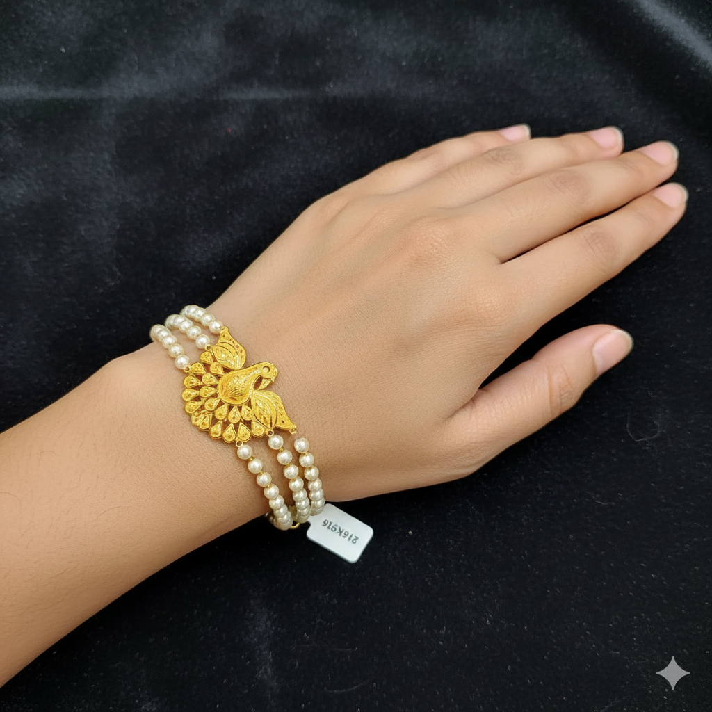 (GMW) RAJLAXMI WGT: 1.790 GM APPROX HUID HALLMARK 916 22KT GOLD MANTASHA WITH PEARL CHAIN FOR WOMEN.