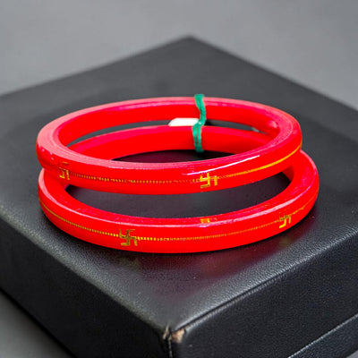 RED (FACEBOOK VIRAL POLA) GOLDEN DETAILING LAMINATION POLA SWASTIK DESIGN 1 PAIR FOR WOMEN - NON EXCHANGEABLE ITEM (GET ANY DESIGN AS PER AVAILABILITY)