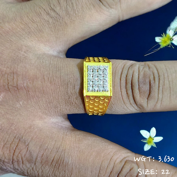 TRJ (SIZE: 22) CERTIFIED BIS HUID HALLMARK 916 22KT GOLD GENTS FINGER RING FOR MENS 1 PIECE (WGT: 3.630 GRAM APPROX) STUDDED WITH ITALIAN VVS QUALITY CZ STONE.