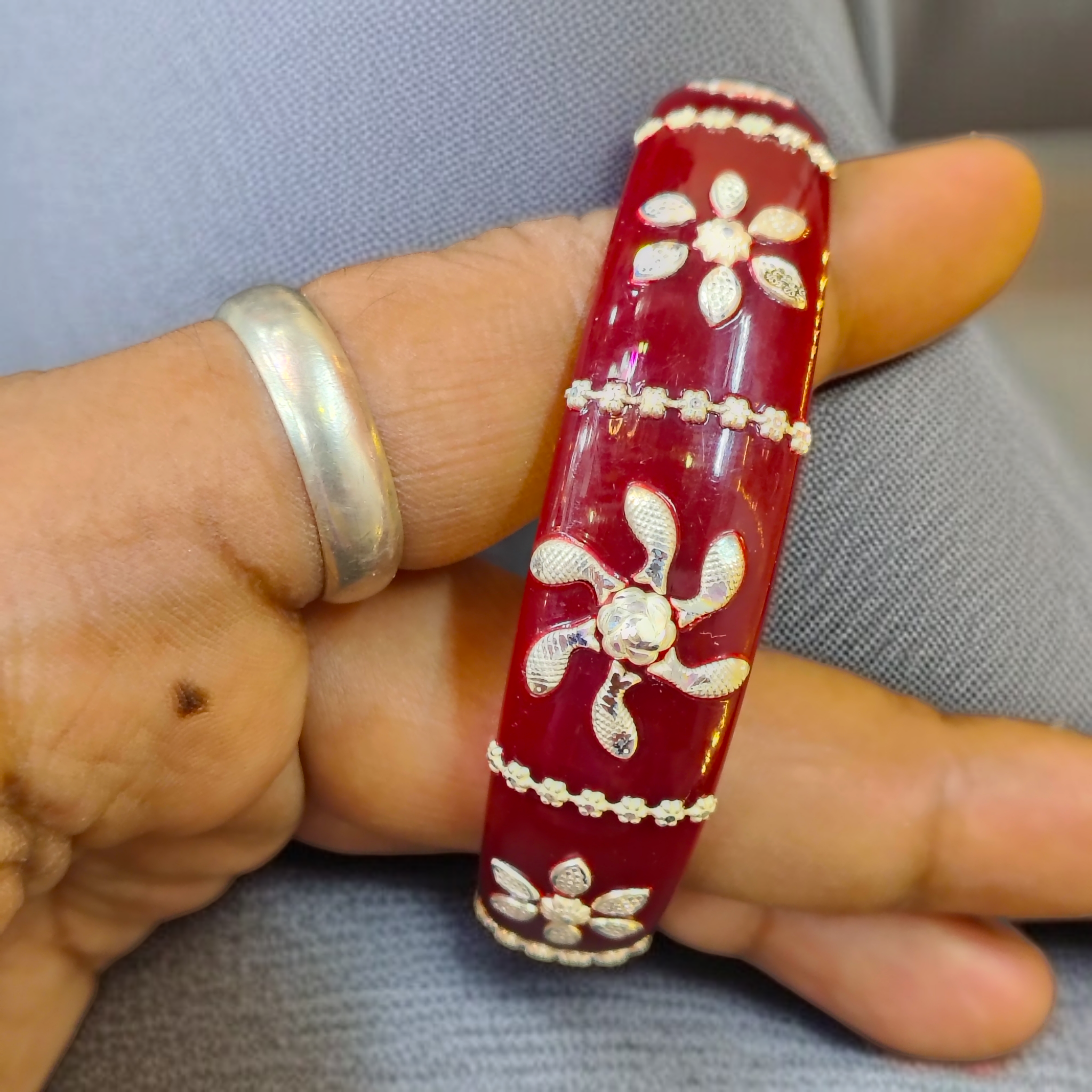 (SSP) (SIZE- 26) MAROON PASTING DESIGN 925 ORIGINAL SILVER POLA BANGLES FOR WOMEN 1 PC - SOLD AS MRP BY RAJLAXMI.