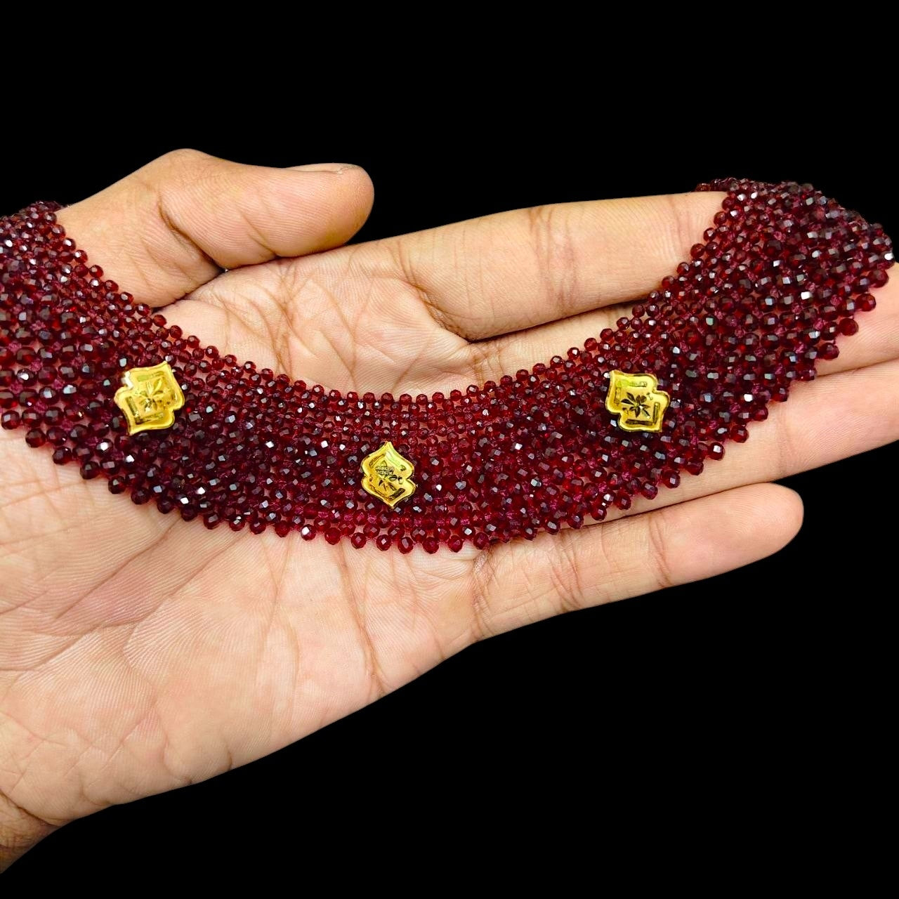 GOLD MOTI HAR- (WGT: 0.460 GM APPROX) HUID HALLMARK 375 9KT GOLD CRYSTAL CHATAI NECKLACE 1 PIECE WITH ADJUSTABLE TASSE.