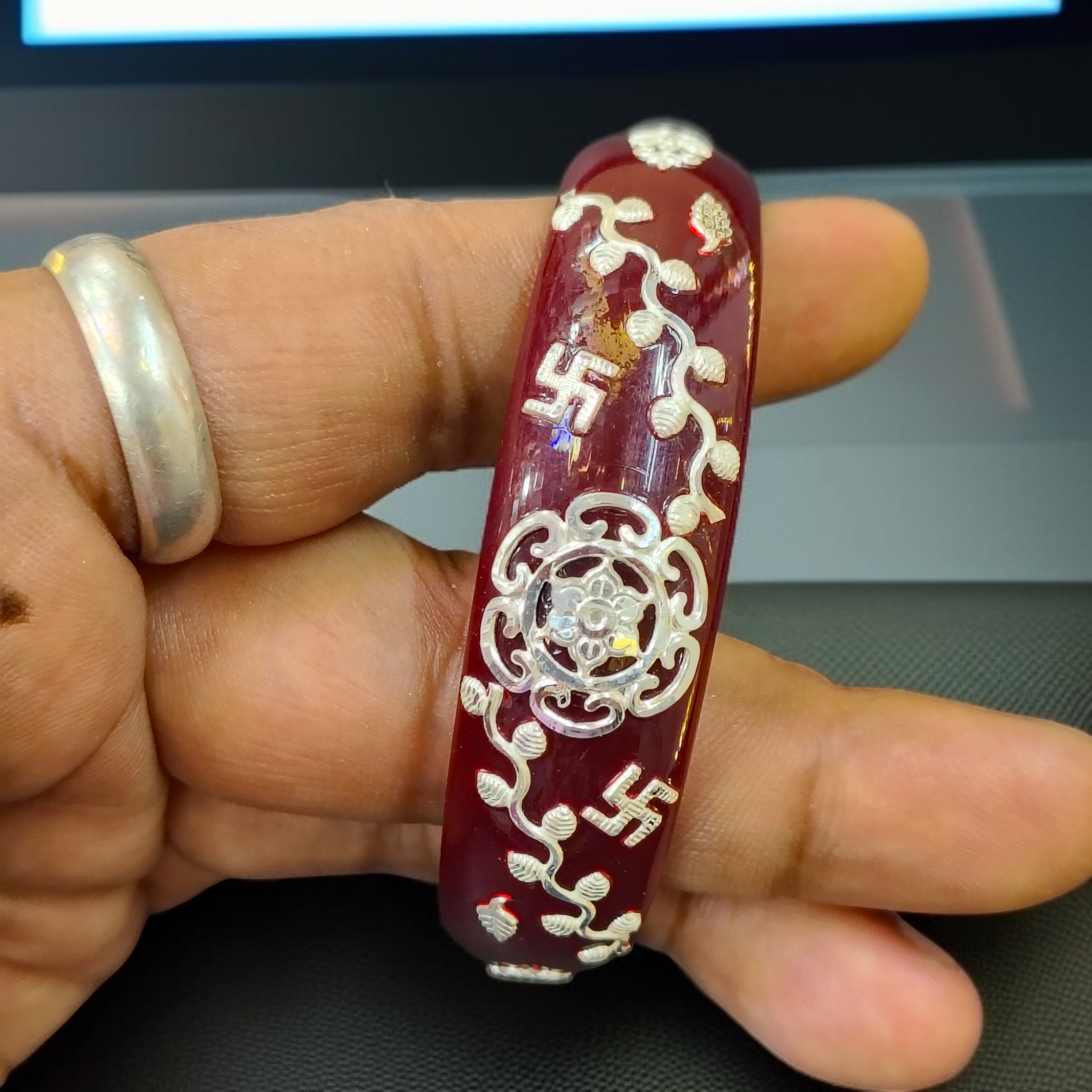(SSP) (SIZE- 23) MAROON PASTING DESIGN 925 ORIGINAL SILVER POLA BANGLES FOR WOMEN 1 PC - SOLD AS MRP BY RAJLAXMI.