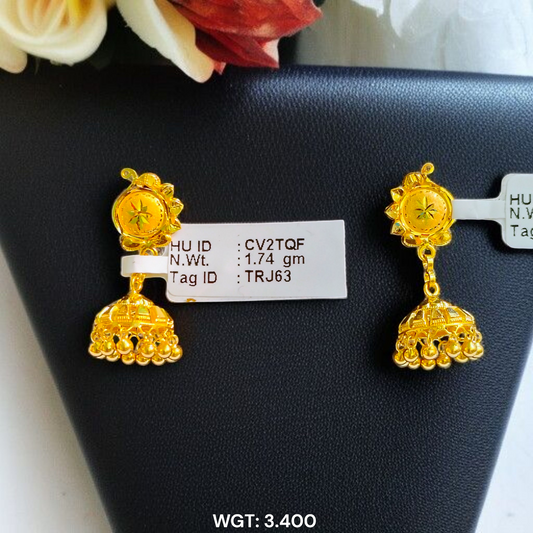 (GER22) BIS CERTIFIED WGT: 3.400 GM APPROX HUID HALLMARK 916 22KT GOLD JHUMKA EARRINGS 1 PAIR FOR WOMEN.