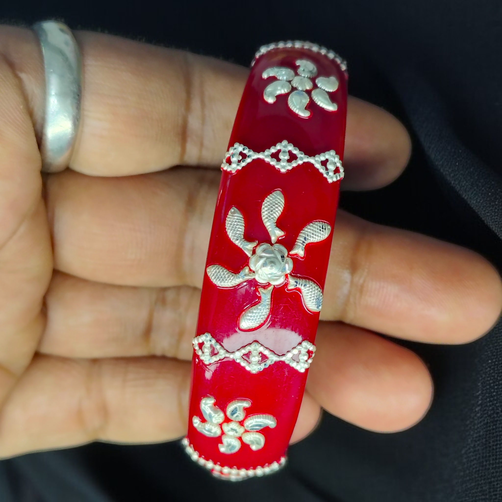 (SSP) (SIZE- 25) RED PASTING DESIGN 925 ORIGINAL SILVER POLA BANGLES FOR WOMEN 1 PC - SOLD AS MRP BY RAJLAXMI.