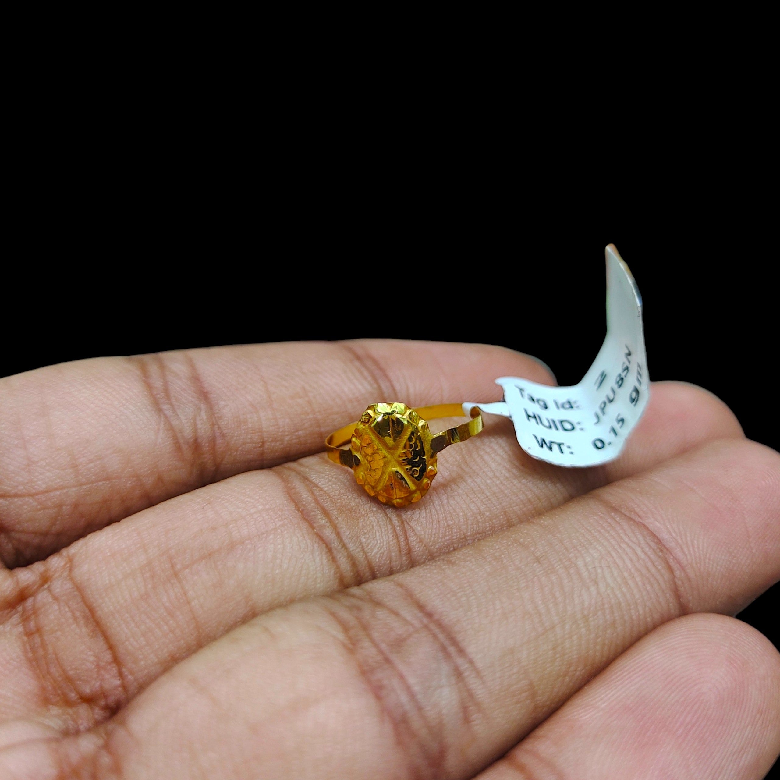BABY JEWELLERY- TRJ WGT: 0.150 GM APPROX 375 9KT HUID HALLMARK GOLD BABY FINGER RING 1 PIECE FOR RICE CEREMONY & BIRTHDAY.