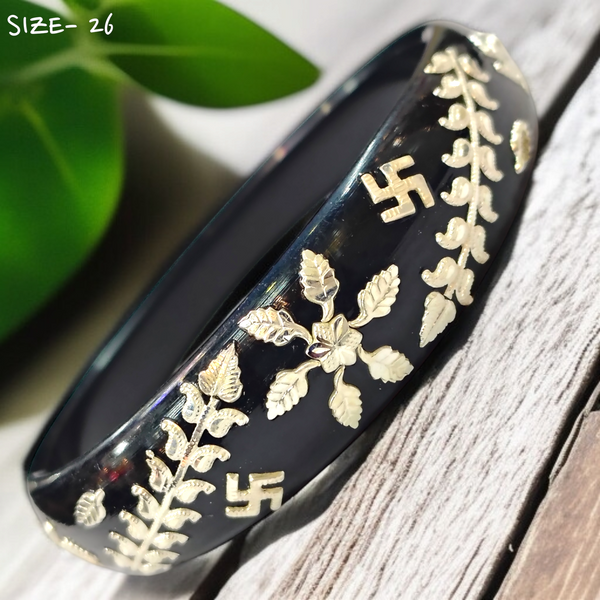 (SSP) (SIZE- 26) BLACK PASTING DESIGN 925 ORIGINAL SILVER POLA BANGLES FOR WOMEN 1 PC - SOLD AS MRP BY RAJLAXMI.