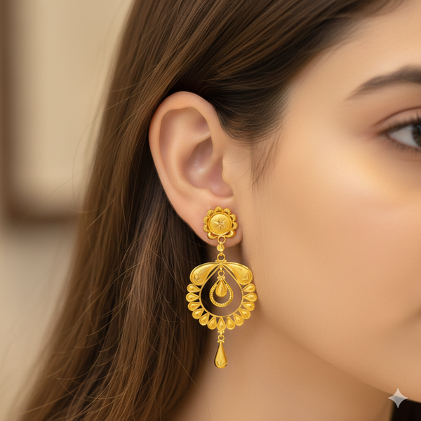 (GER22) BIS CERTIFIED WGT: 4.270 GM APPROX HUID HALLMARK 916 22KT GOLD EARRINGS KANBALA 1 PAIR FOR WOMEN.