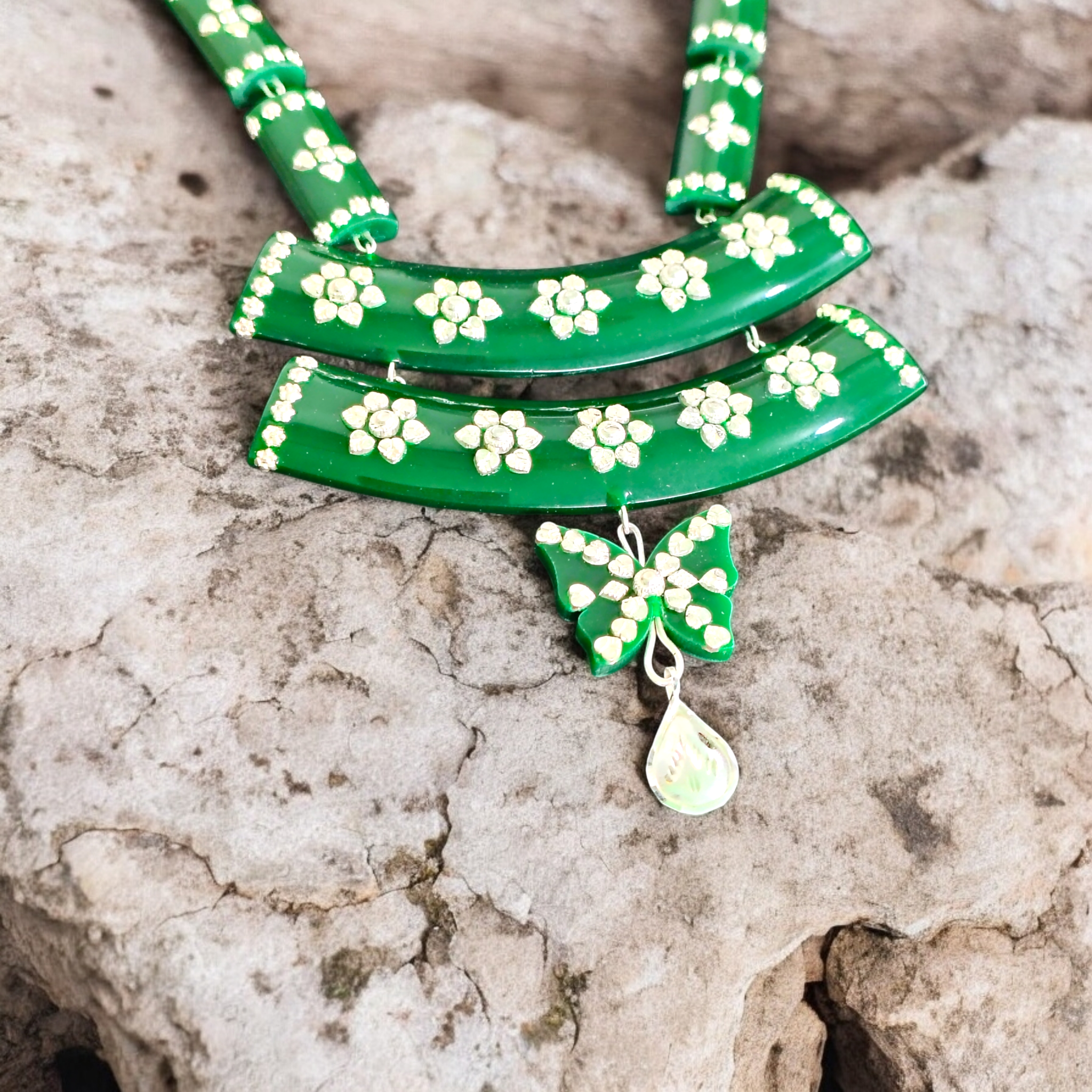 GREEN SILVER NECKLACE- CERTIFIED HALLMARK 925 SILVER POLA SITAHAR WITH EARRINGS APPROX WGT: 8.00 GM (1 PIECE) WITH TASSEL FOR BEAUTIFUL WOMEN (GET ANY DESIGN AS PER STOCK).