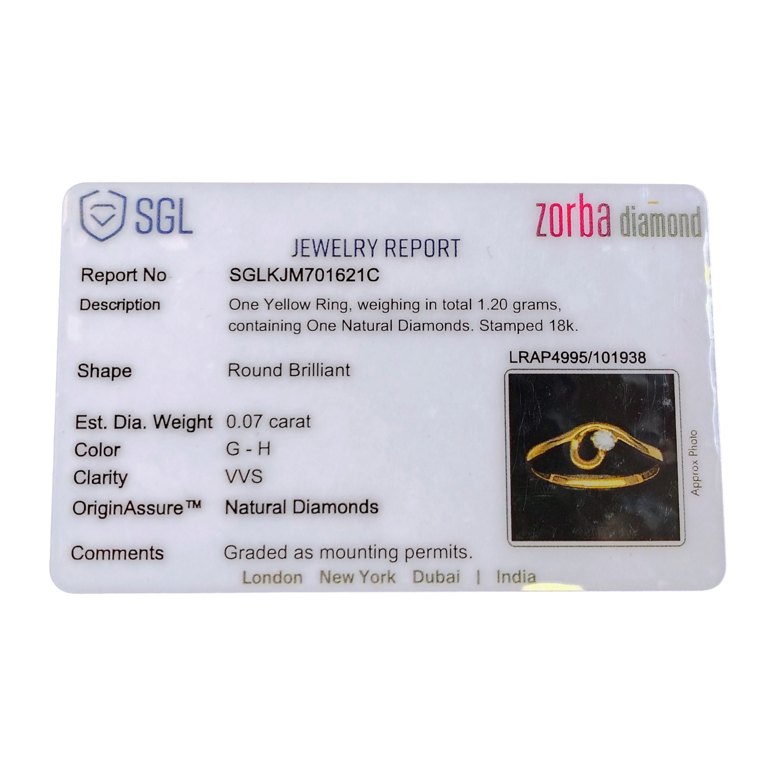 (GLFR18) RAJLAXMI DIAMOND JEWELLERY (SIZE:11) - WGT: 1.200 GM - NATURAL DIAMOND (0.07 CENT) HUID HALLMARK 18KT DIAMOND FINGER RING FOR WOMEN WITH CERTIFICATE OF AUTHENTICITY BY ZORBA (DESIGN NO: LRAP4995).