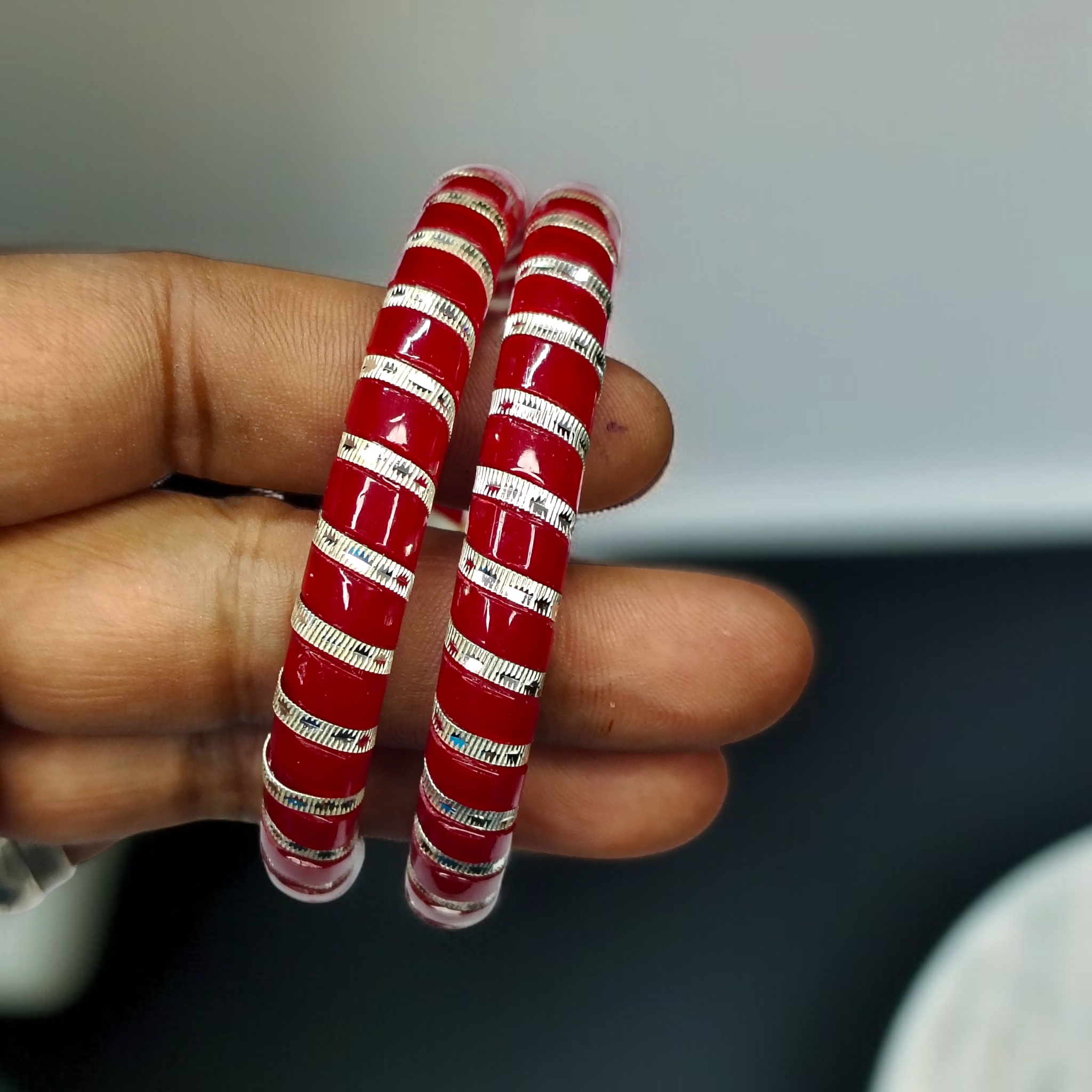 (SPB) RED SPIRAL DESIGN 995 ORIGINAL SILVER POLA BANGLES FOR WOMEN 1 PAIR - SOLD AS MRP BY RAJLAXMI.