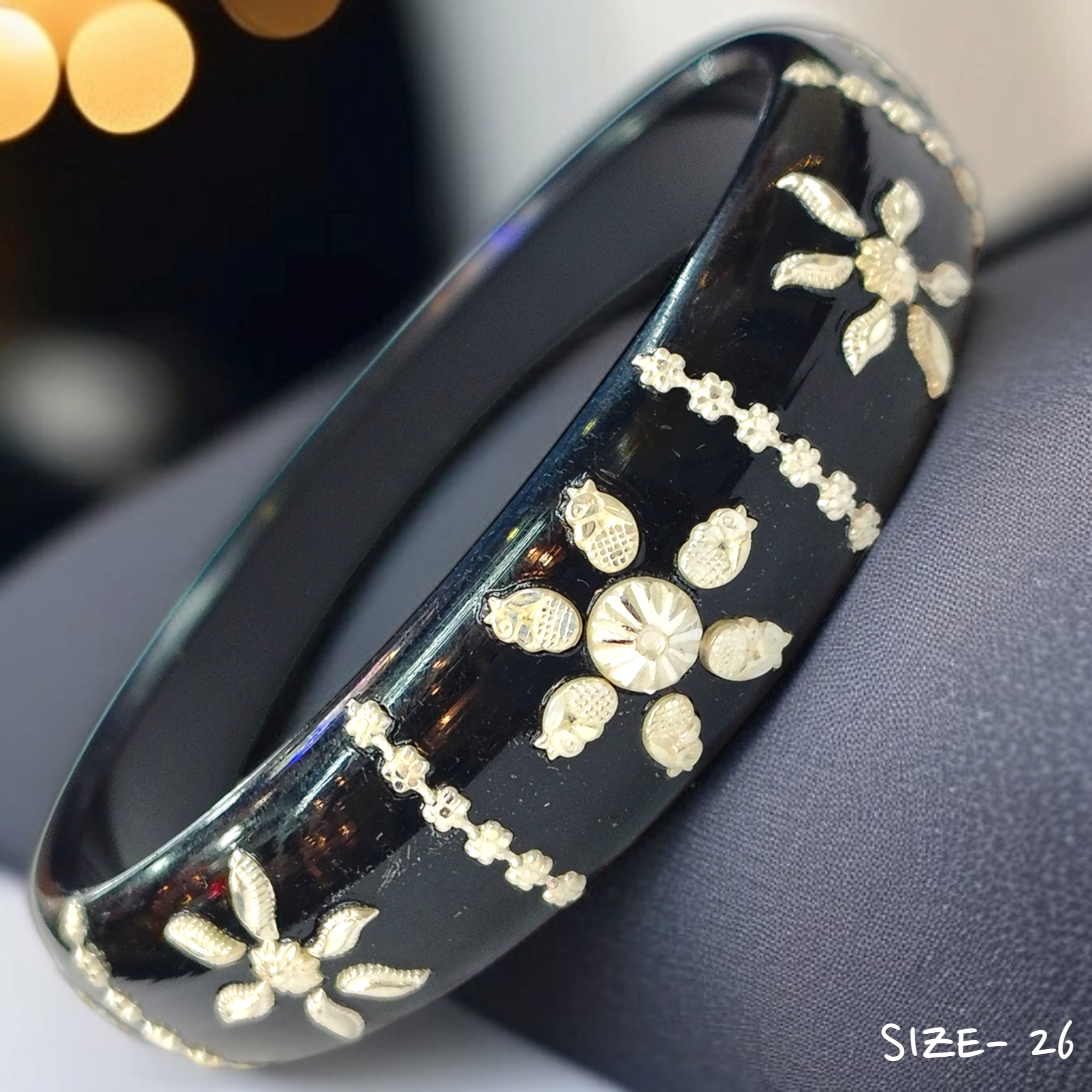 (SSP) (SIZE- 26) BLACK PASTING DESIGN 925 ORIGINAL SILVER POLA BANGLES FOR WOMEN 1 PC - SOLD AS MRP BY RAJLAXMI.