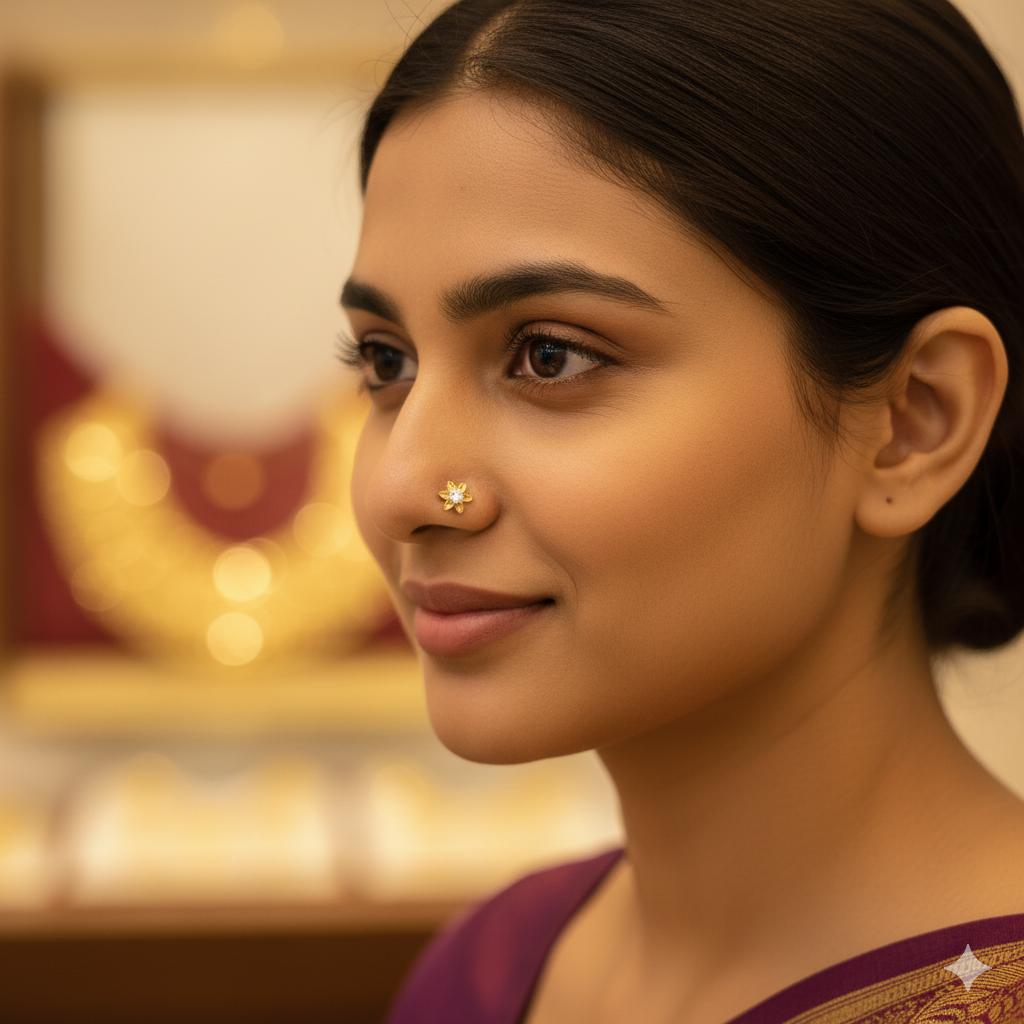 (GNP) RAJLAXMI DIAMOND JEWELLERY - WGT: 0.280 GM - NATURAL DIAMOND (0.04 CENT) HUID HALLMARK 18KT DIAMOND NOSEPIN FOR WOMEN WITH CERTIFICATE OF AUTHENTICITY BY IGJI (DESIGN NO: M12082543).