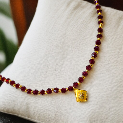 TRJ WGT: 0.150 GM APPROX KDM GOLD BORFI DESIGN LOCKET 1 PIECE WITH MAROON CRYSTAL ADJUSTABLE TASSEL FOR GIFT PURPOSE (50 TONCH).