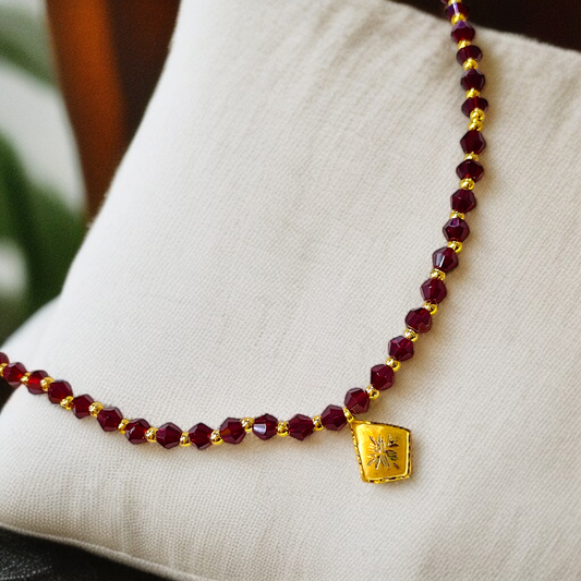 TRJ WGT: 0.150 GM APPROX KDM GOLD BORFI DESIGN LOCKET 1 PIECE WITH MAROON CRYSTAL ADJUSTABLE TASSEL FOR GIFT PURPOSE (50 TONCH).