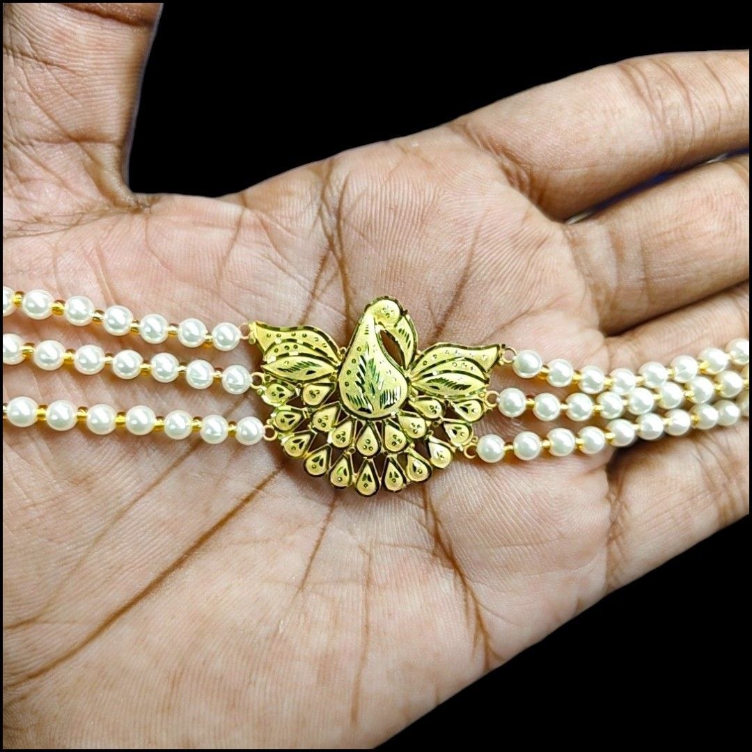 GOLD MANTASHA- (WGT: 1.480 GM APPROX) BIS CERTIFIED HUID HALLMARK 375 9KT GOLD MOTI MANTASHA WITH PEARL CHAIN FOR WOMEN.(SRQYYL)