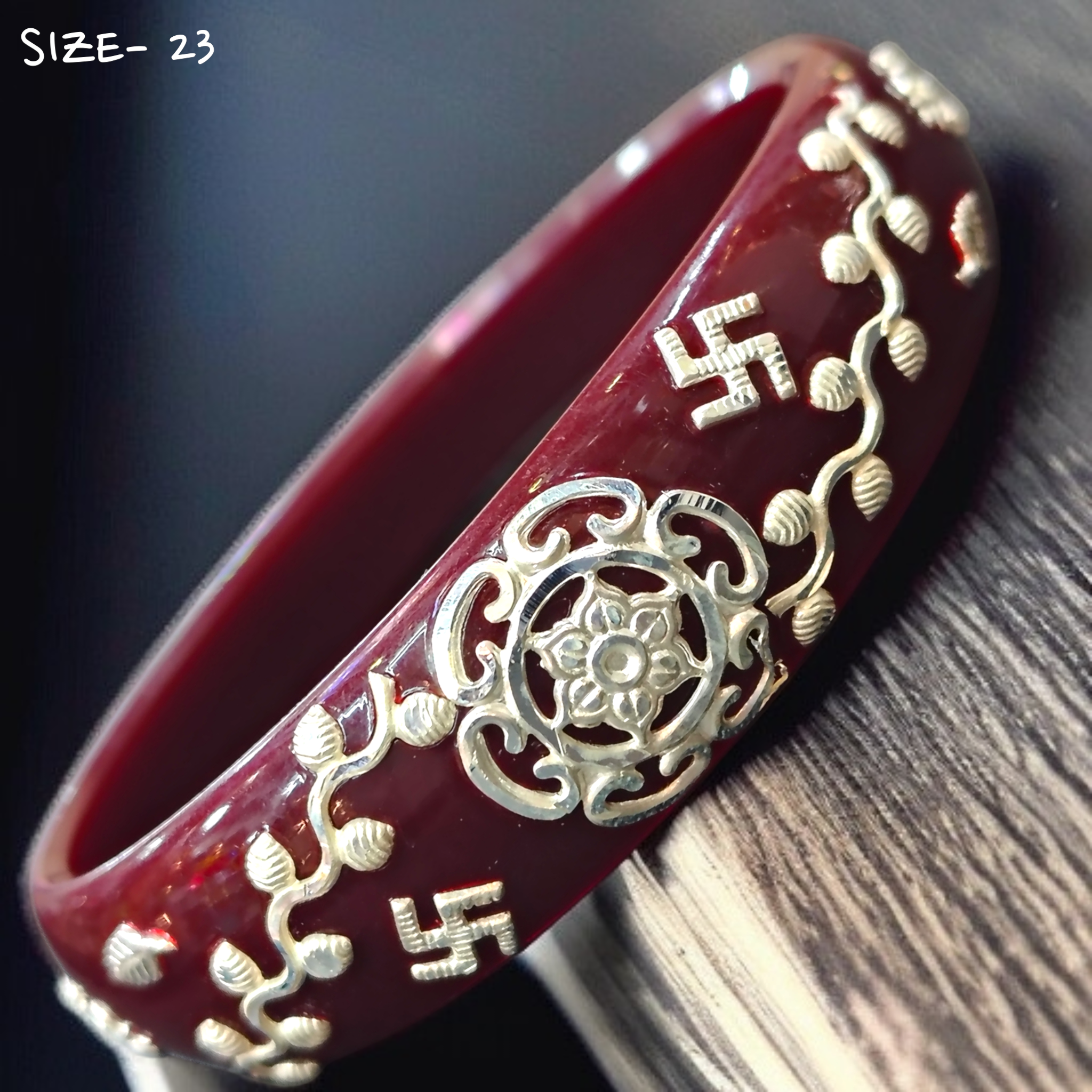 (SSP) (SIZE- 23) MAROON PASTING DESIGN 925 ORIGINAL SILVER POLA BANGLES FOR WOMEN 1 PC - SOLD AS MRP BY RAJLAXMI.