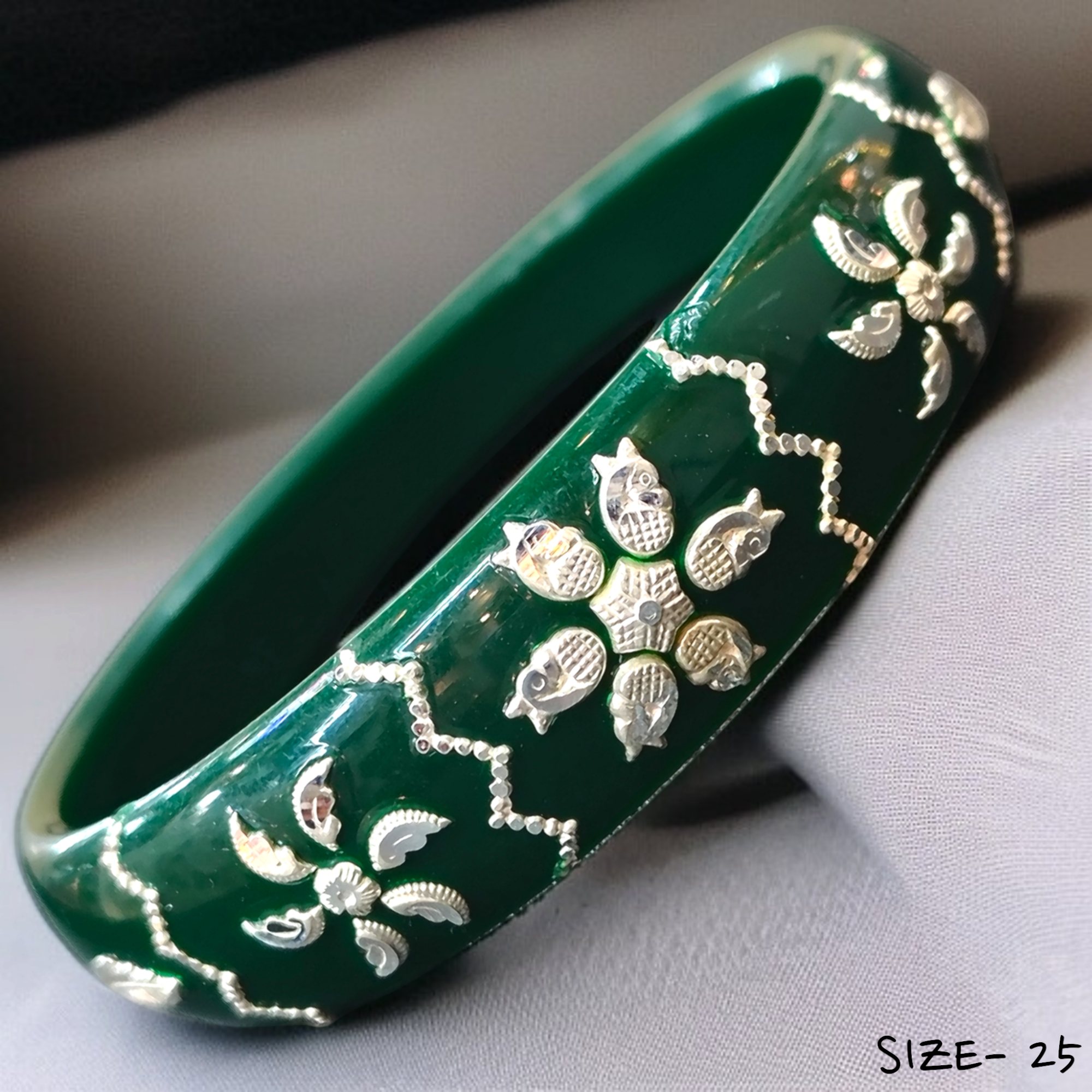 (SSP) (SIZE- 25) GREEN PASTING DESIGN 925 ORIGINAL SILVER POLA BANGLES FOR WOMEN 1 PC - SOLD AS MRP BY RAJLAXMI.