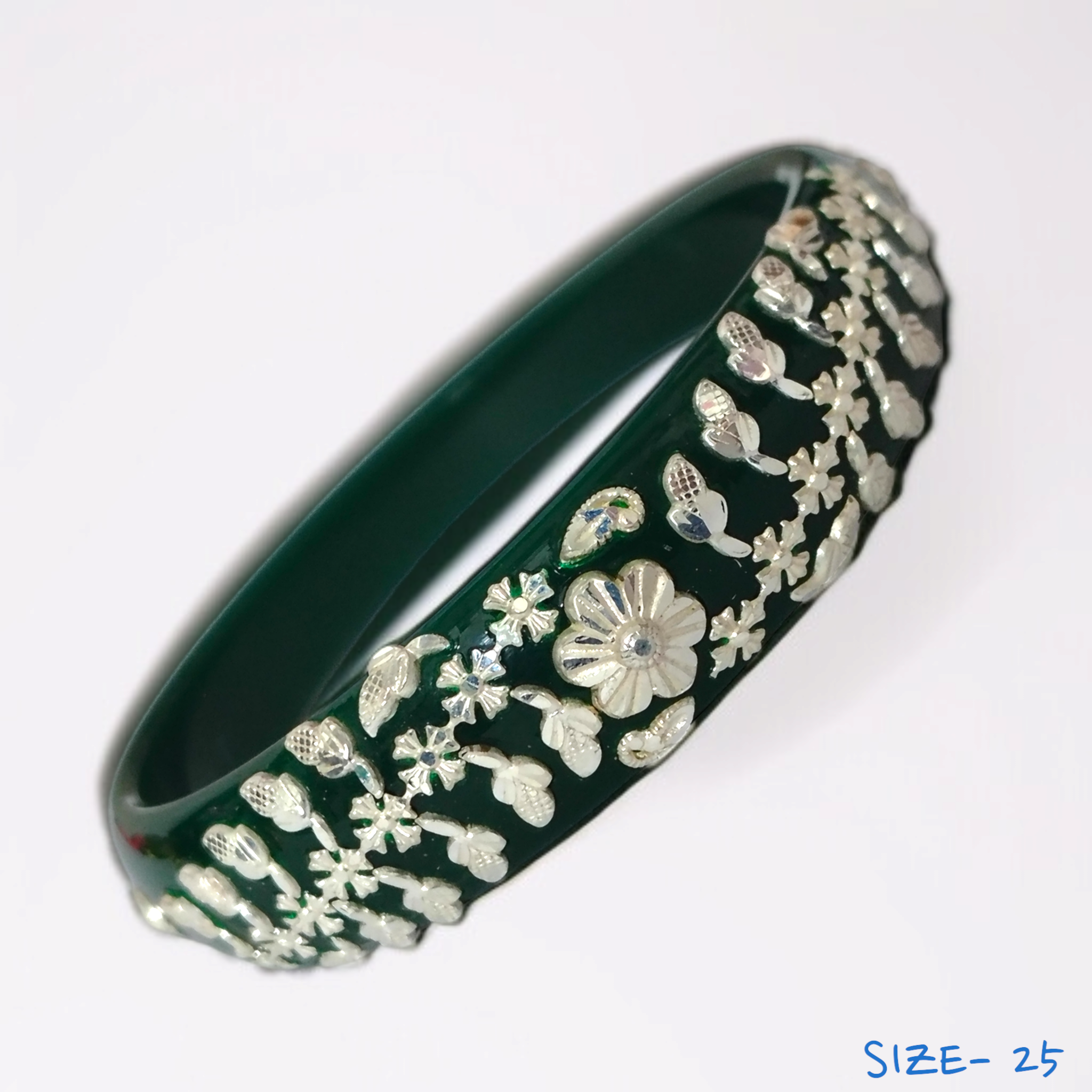 (SSP) (SIZE- 25) GREEN PASTING DESIGN 925 ORIGINAL SILVER POLA BANGLES FOR WOMEN 1 PC - SOLD AS MRP BY RAJLAXMI.