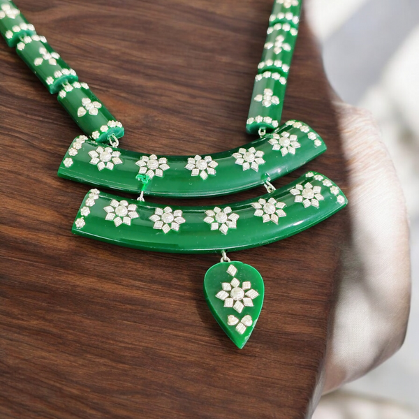 GREEN LUXURY SILVER NECKLACE- CERTIFIED HALLMARK 925 SILVER POLA SITAHAR WITH EARRINGS APPROX WGT: 8.00 GM (1 PIECE) WITH TASSEL FOR BEAUTIFUL WOMEN (GET ANY DESIGN AS PER STOCK).