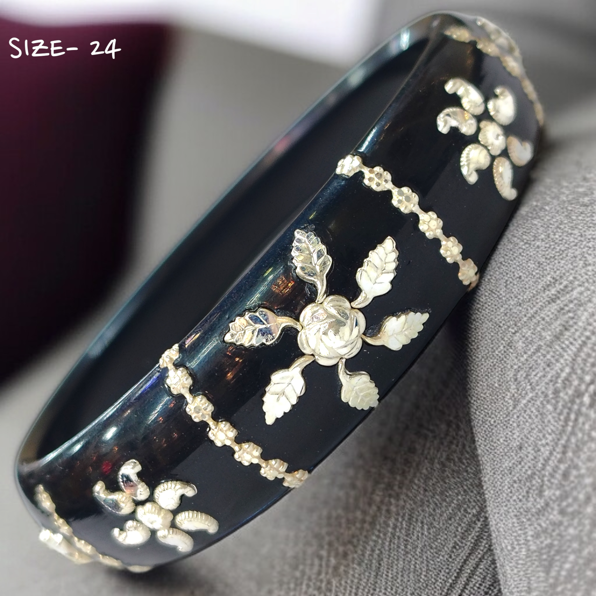 (SSP) (SIZE- 24) BLACK PASTING DESIGN 925 ORIGINAL SILVER POLA BANGLES FOR WOMEN 1 PC - SOLD AS MRP BY RAJLAXMI.