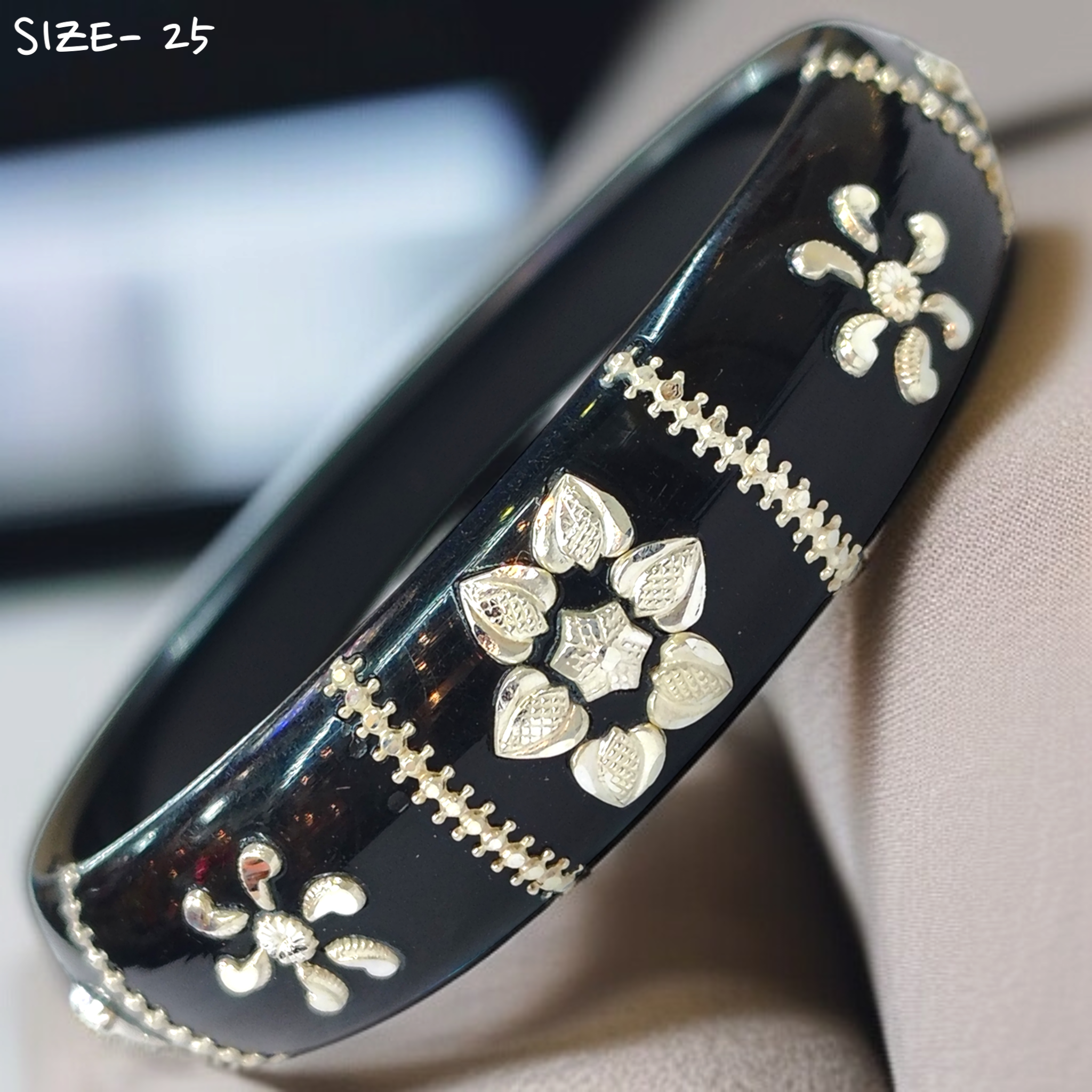 (SSP) (SIZE- 25) BLACK PASTING DESIGN 925 ORIGINAL SILVER POLA BANGLES FOR WOMEN 1 PC - SOLD AS MRP BY RAJLAXMI.