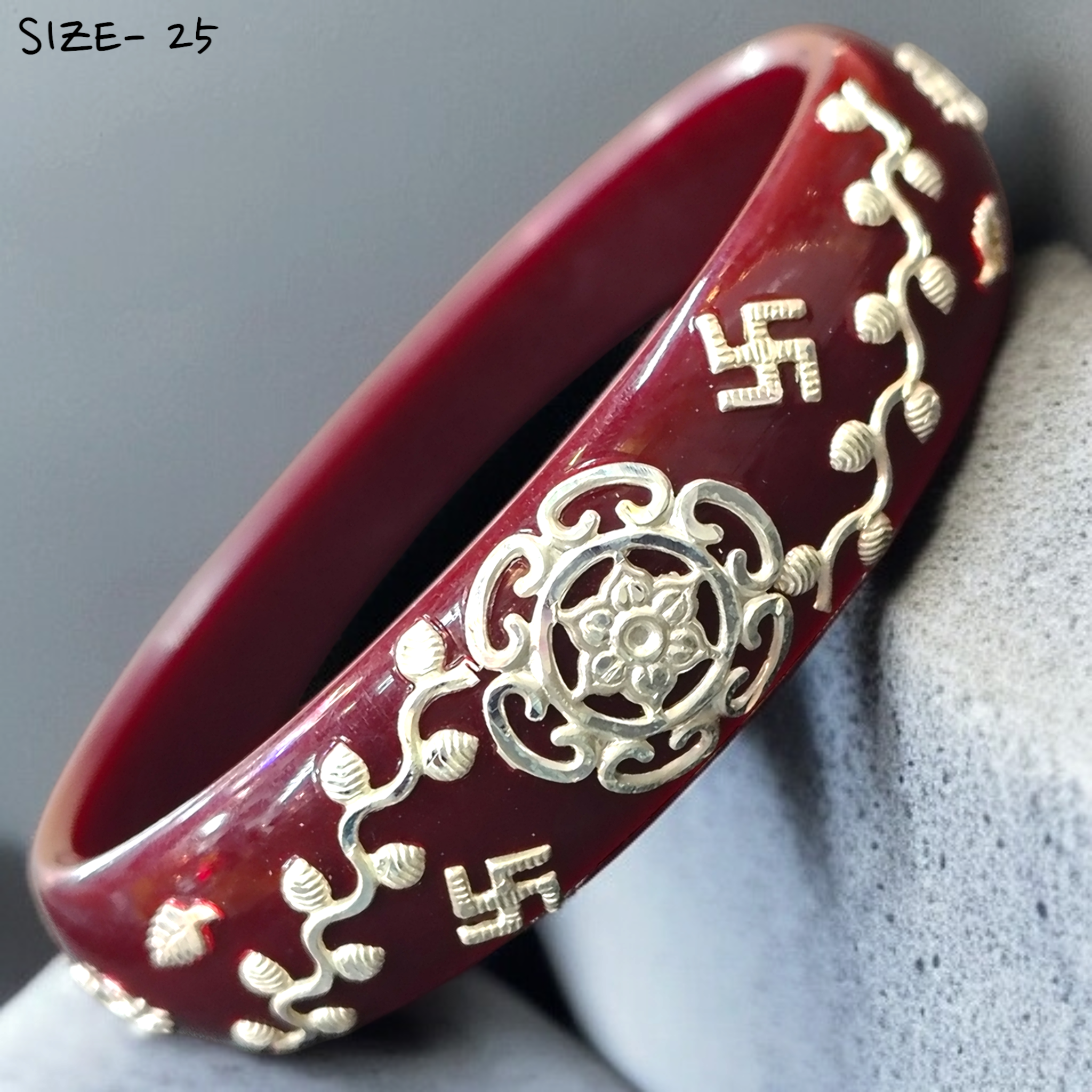 (SSP) (SIZE- 25) MAROON PASTING DESIGN 925 ORIGINAL SILVER POLA BANGLES FOR WOMEN 1 PC - SOLD AS MRP BY RAJLAXMI.