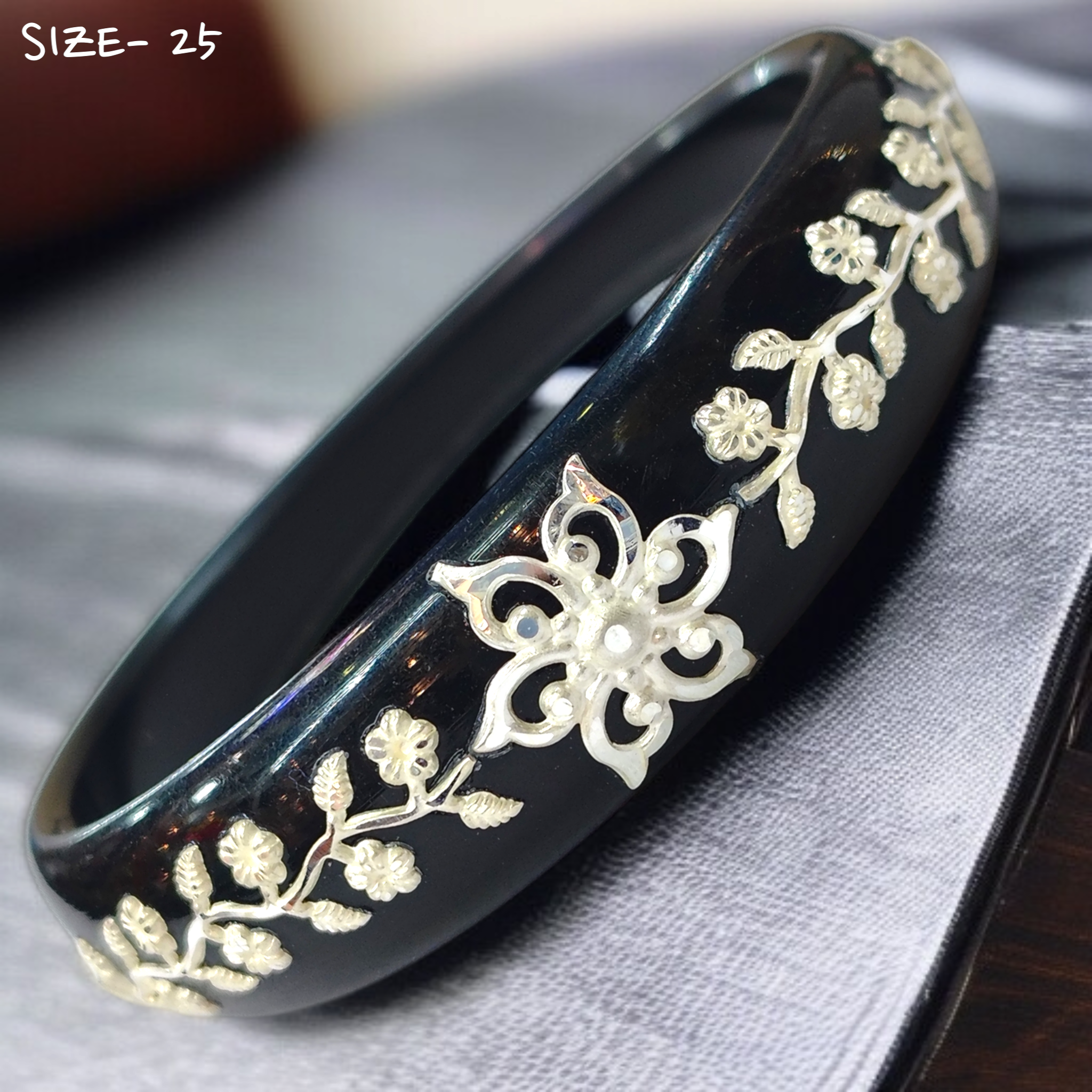 (SSP) (SIZE- 25) BLACK PASTING DESIGN 925 ORIGINAL SILVER POLA BANGLES FOR WOMEN 1 PC - SOLD AS MRP BY RAJLAXMI.