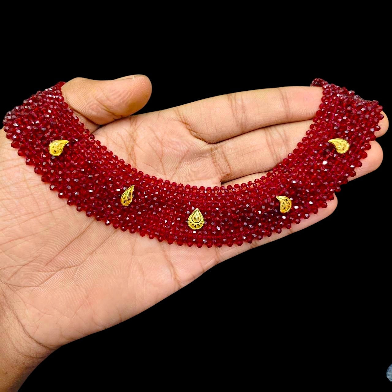 GOLD MOTI HAR- (WGT: 0.630 GM APPROX) HUID HALLMARK 375 9KT GOLD CRYSTAL CHATAI NECKLACE 1 PIECE WITH ADJUSTABLE TASSE.