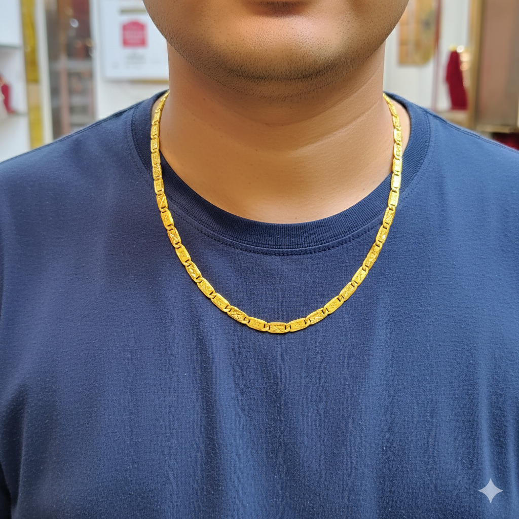 GCH- (HOLLOW BISCUIT DESIGN) BIS CERTIFIED TRJ WGT: 7.610 GM APPROX HUID HALLMARK 22KT GOLD CHAIN (22 INCH) 1 PIECE FOR MEN & WOMEN.