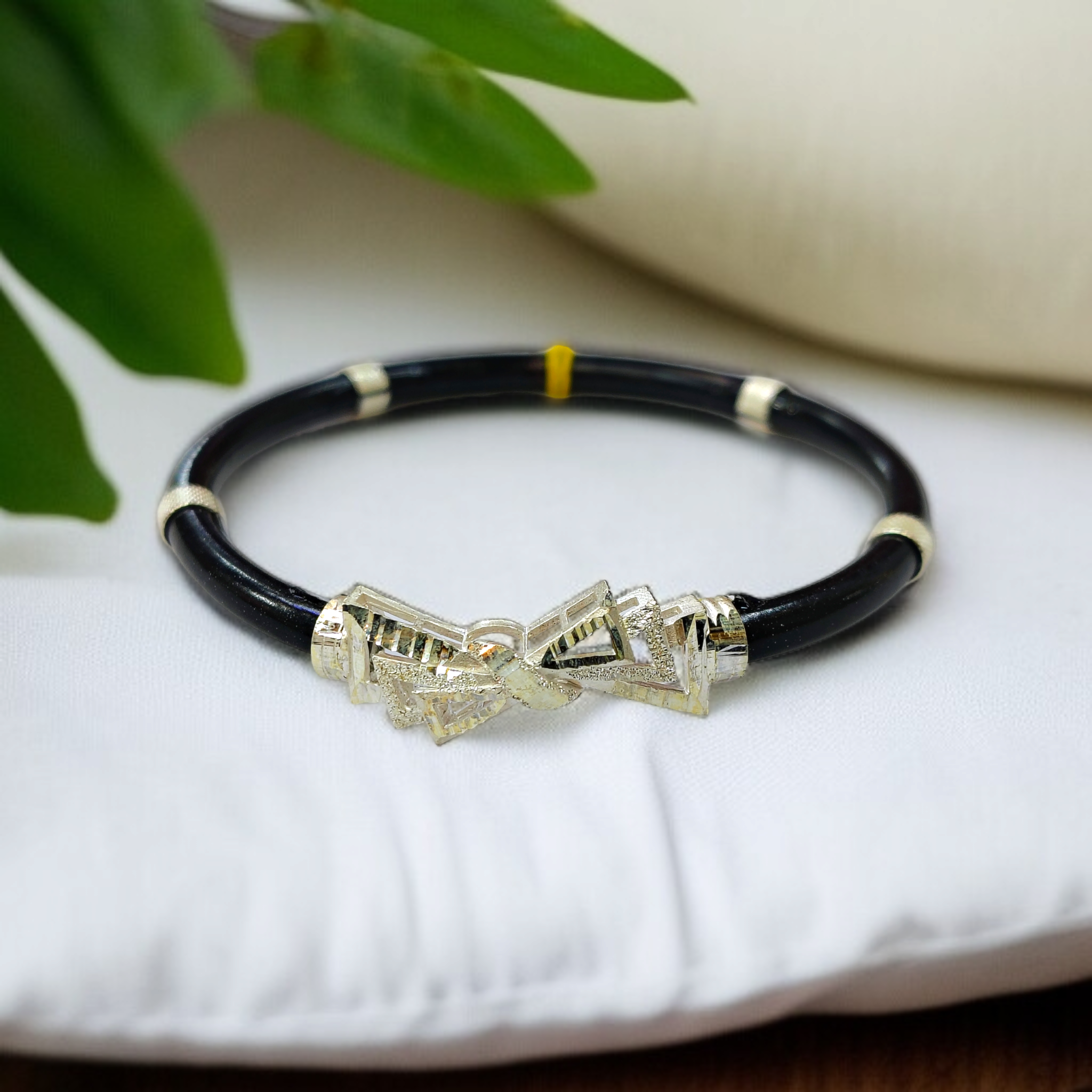 (SLNB) TRJ BLACK BOW DESIGN 925 ORIGINAL SILVER NOA BANGLES FOR WOMEN 1 PIECE - SOLD AS MRP BY RAJLAXMI.