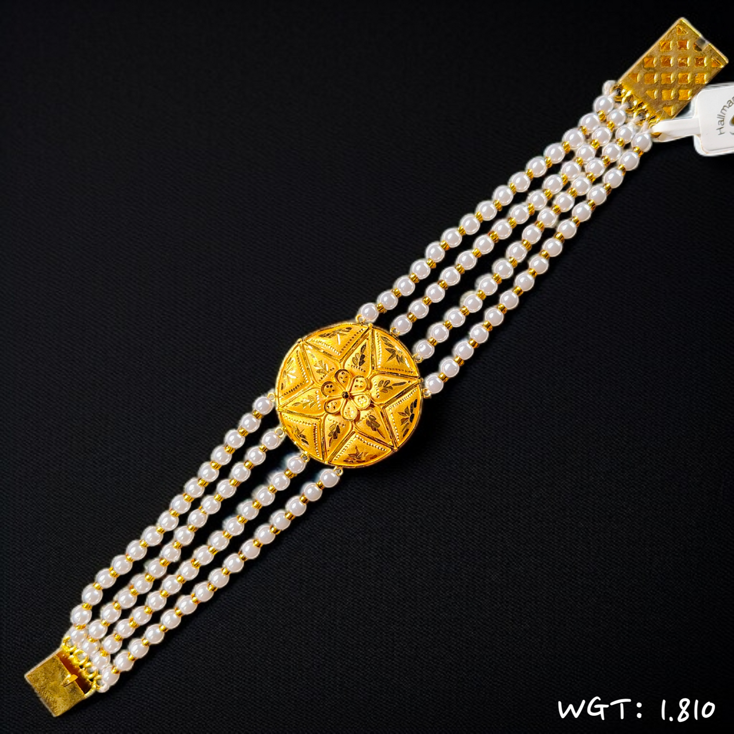 (GMW) RAJLAXMI WGT: 1.810 GM APPROX HUID HALLMARK 916 22KT GOLD MANTASHA WITH PEARL CHAIN FOR WOMEN.