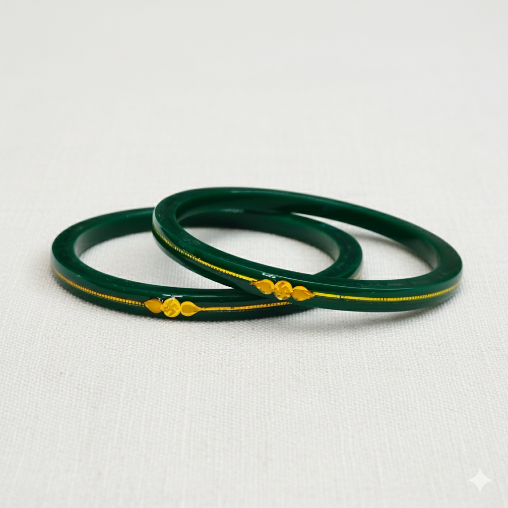 (FVP) TRJ GREEN SWASTIK 3 SIDE HALLMARK 916 22KT GOLD LAMINATION POLA BANGLES FACEBOOK VIRAL POLA 1 PAIR APPROX. WGT: 0.200 GM (FUTURE EXCHANGE VALUE  RS 1000) WITH ANY JEWELLERY FOR LIFETIME.